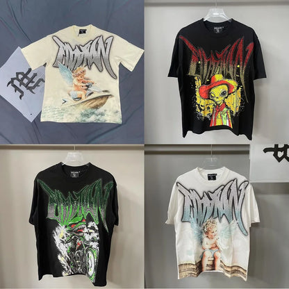 2025 Mixed Emotion Letter Rhinestone Short Sleeve Men Tshirts Streetwear Cotton Loose Crew Neck Top Tees Oversized