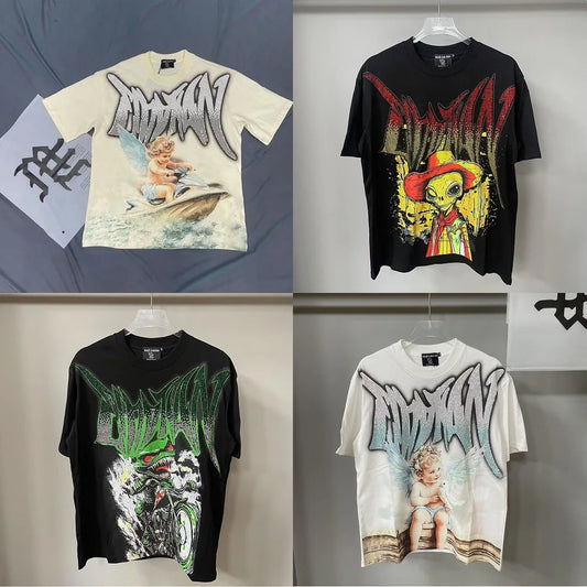 2025 Mixed Emotion Letter Rhinestone Short Sleeve Men Tshirts Streetwear Cotton Loose Crew Neck Top Tees Oversized
