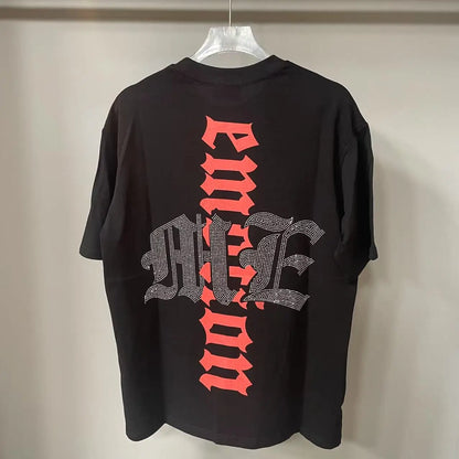 2025 Mixed Emotion Letter Rhinestone Short Sleeve Men Tshirts Streetwear Cotton Loose Crew Neck Top Tees Oversized