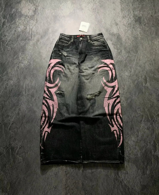 Y2K Street Retro Jeans Women Mottled Totem Print Loose Pants Fashion Hip Hop Trend Loose Couple American Straight Wide Leg Pants