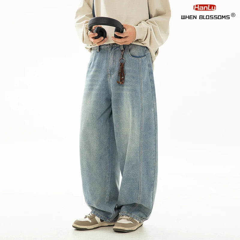 HANLU 2025 Spring New! Men's Retro Washed Oversized Jeans, Split Structure Curved Trousers from Trendy Brand, Loose and Stylish
