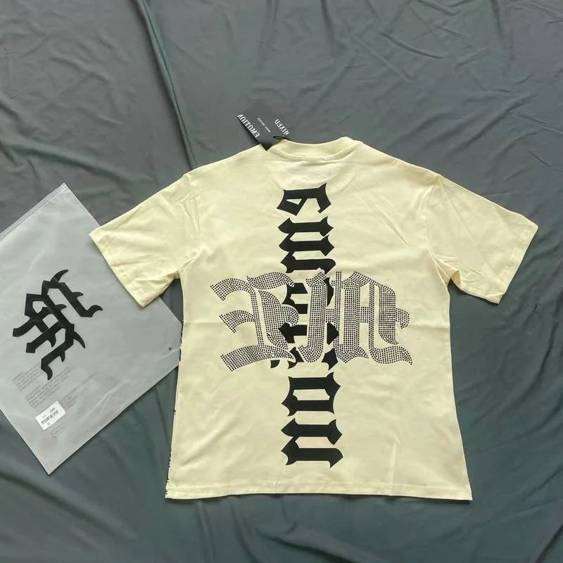 2025 Mixed Emotion Letter Rhinestone Short Sleeve Men Tshirts Streetwear Cotton Loose Crew Neck Top Tees Oversized
