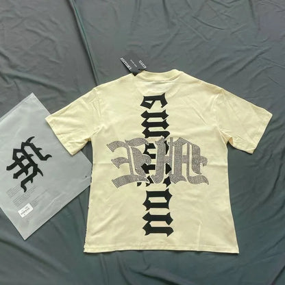 2025 Mixed Emotion Letter Rhinestone Short Sleeve Men Tshirts Streetwear Cotton Loose Crew Neck Top Tees Oversized