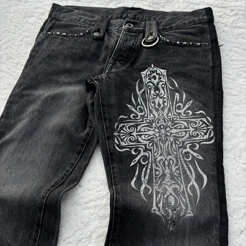 Y2K Black Washed Denim Pants Vintage Cross Leather Detail Micro Flared Jeans Punk High Street Western Cowboy Unisex Streetwear