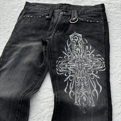 Y2K Black Washed Denim Pants Vintage Cross Leather Detail Micro Flared Jeans Punk High Street Western Cowboy Unisex Streetwear