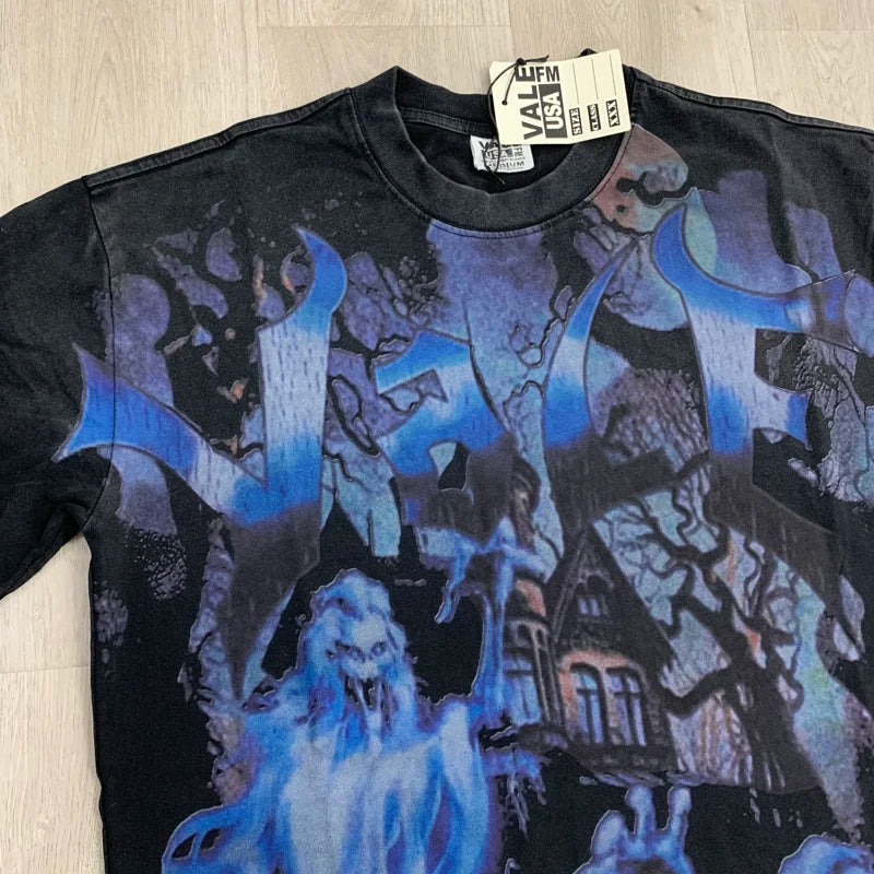 25SS Summer New VALLEY T-shirt Hip Hop Rock Singer Portrait Print Hot Drill Letter Retro Short Sleeve Vale Top Tee Men Women