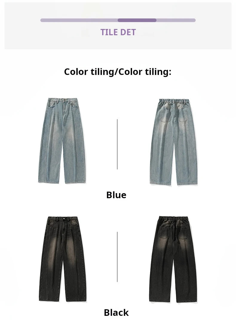 HANLU 2025 Spring New! Men's Retro Washed Oversized Jeans, Split Structure Curved Trousers from Trendy Brand, Loose and Stylish