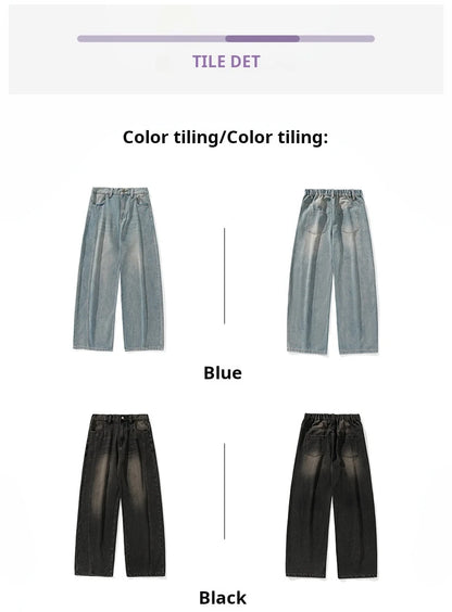 HANLU 2025 Spring New! Men's Retro Washed Oversized Jeans, Split Structure Curved Trousers from Trendy Brand, Loose and Stylish