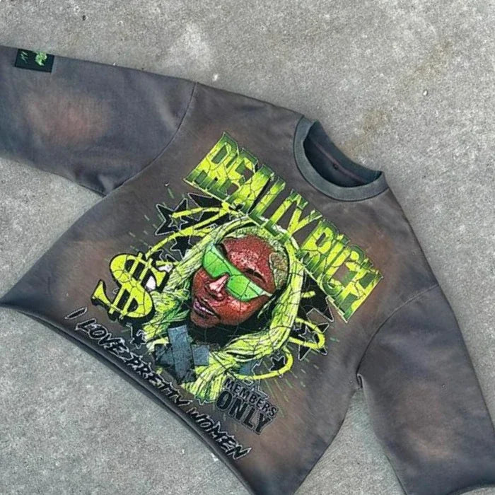 Y2K Harajuku Hip Hop Character Graphic Printed Seven Quarter Sleeves Tops Gothic Retro Dark Green T Shirt Mens Womens Clothing