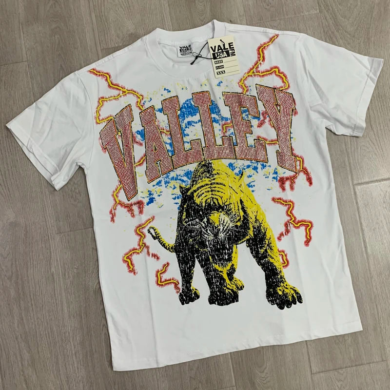 25SS Summer New VALLEY T-shirt Hip Hop Rock Singer Portrait Print Hot Drill Letter Retro Short Sleeve Vale Top Tee Men Women