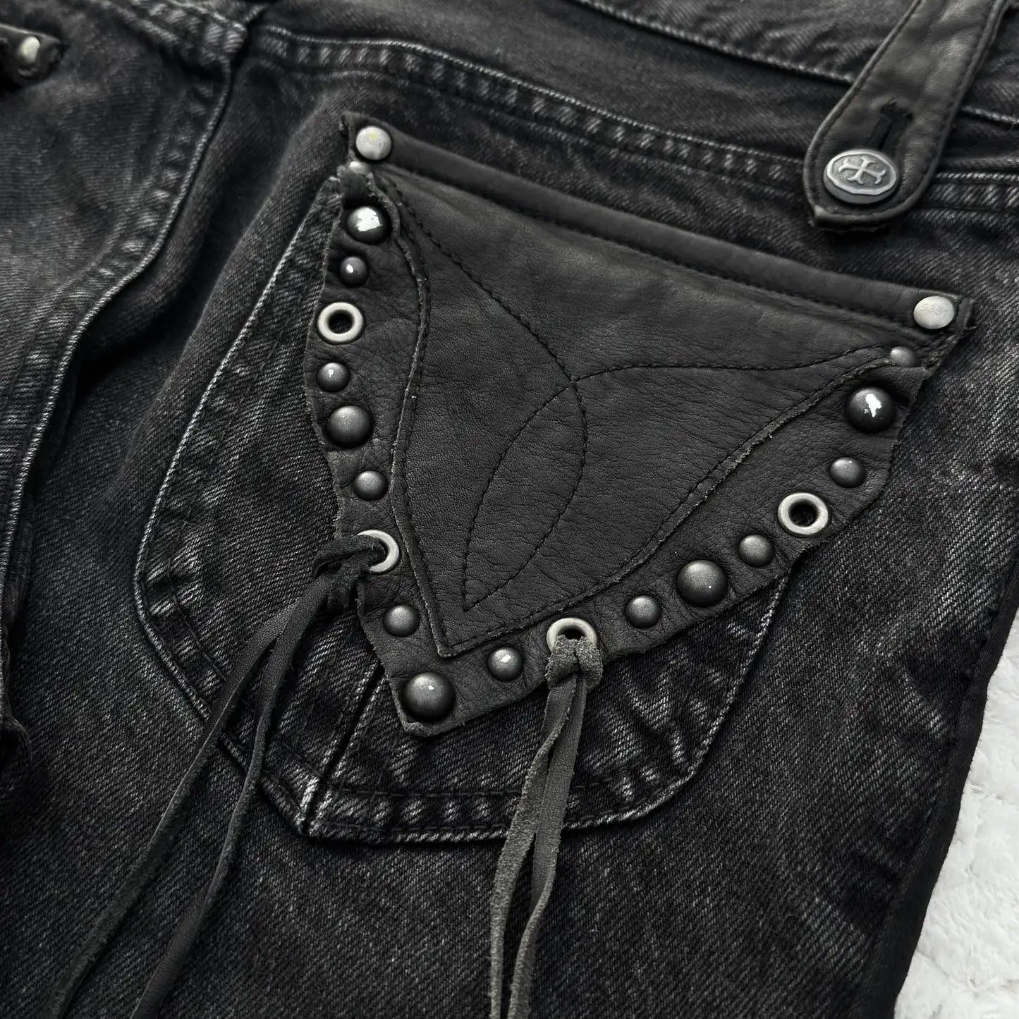 Y2K Black Washed Denim Pants Vintage Cross Leather Detail Micro Flared Jeans Punk High Street Western Cowboy Unisex Streetwear