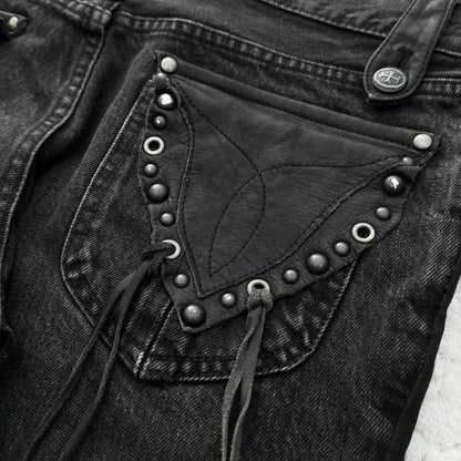 Y2K Black Washed Denim Pants Vintage Cross Leather Detail Micro Flared Jeans Punk High Street Western Cowboy Unisex Streetwear
