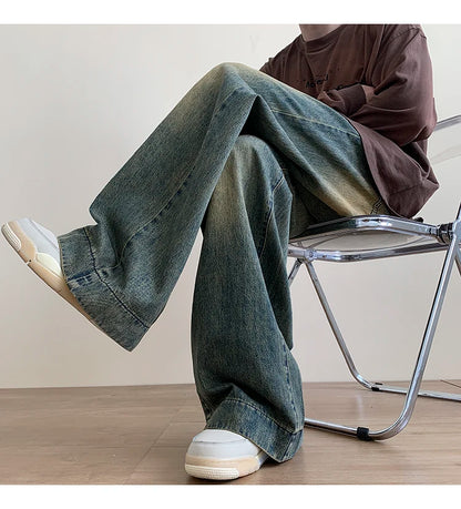 Distressed Vintage Blue Jeans Pants Men Wide-leg Denim Trousers Male Oversize Streetwear Fashion Casual Baggy Straight Jeans