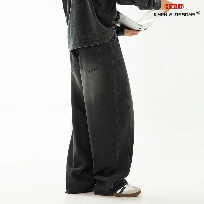 HANLU 2025 Spring New! Men's Retro Washed Oversized Jeans, Split Structure Curved Trousers from Trendy Brand, Loose and Stylish