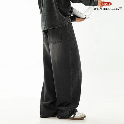 HANLU 2025 Spring New! Men's Retro Washed Oversized Jeans, Split Structure Curved Trousers from Trendy Brand, Loose and Stylish