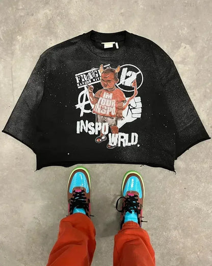 Y2K Harajuku Hip Hop Character Graphic Printed Seven Quarter Sleeves Tops Gothic Retro Dark Green T Shirt Mens Womens Clothing