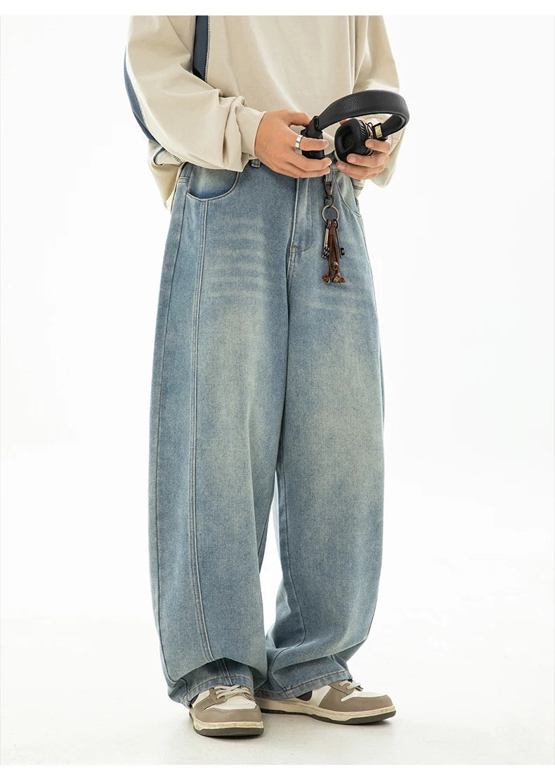 HANLU 2025 Spring New! Men's Retro Washed Oversized Jeans, Split Structure Curved Trousers from Trendy Brand, Loose and Stylish