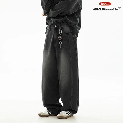 HANLU 2025 Spring New! Men's Retro Washed Oversized Jeans, Split Structure Curved Trousers from Trendy Brand, Loose and Stylish