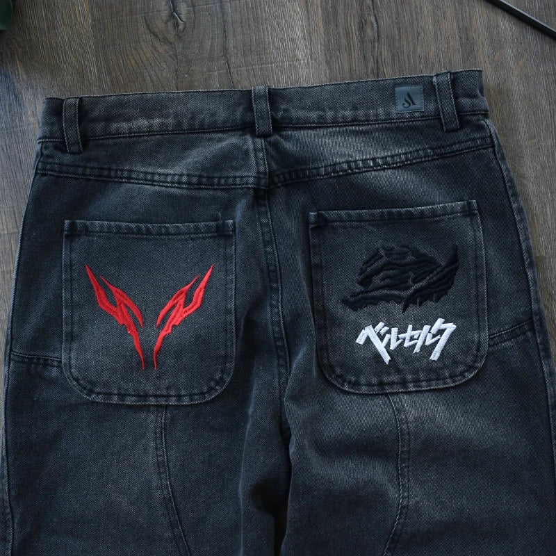 Berserk jeans fashionable Y2K baggy men pants American style distressed washed streetwear Harajuku Gothic embroidery floor pants