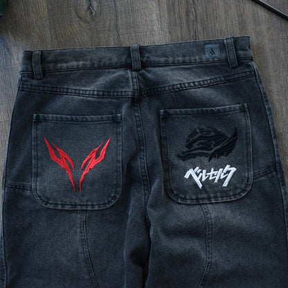 Berserk jeans fashionable Y2K baggy men pants American style distressed washed streetwear Harajuku Gothic embroidery floor pants