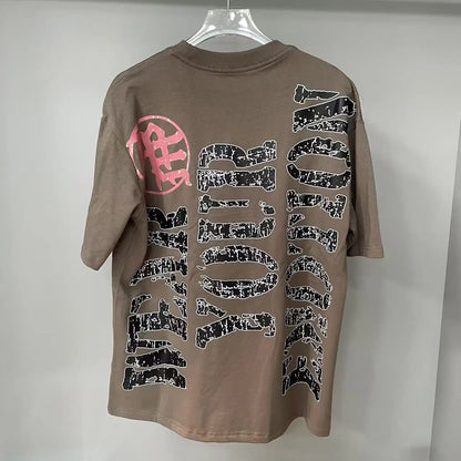 2025 Mixed Emotion Letter Rhinestone Short Sleeve Men Tshirts Streetwear Cotton Loose Crew Neck Top Tees Oversized