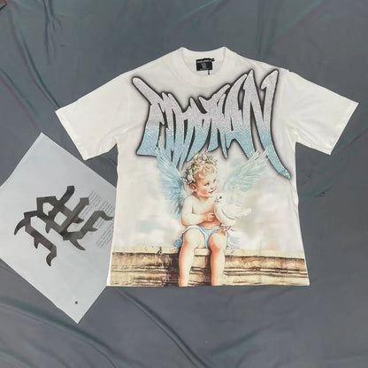 2025 Mixed Emotion Letter Rhinestone Short Sleeve Men Tshirts Streetwear Cotton Loose Crew Neck Top Tees Oversized