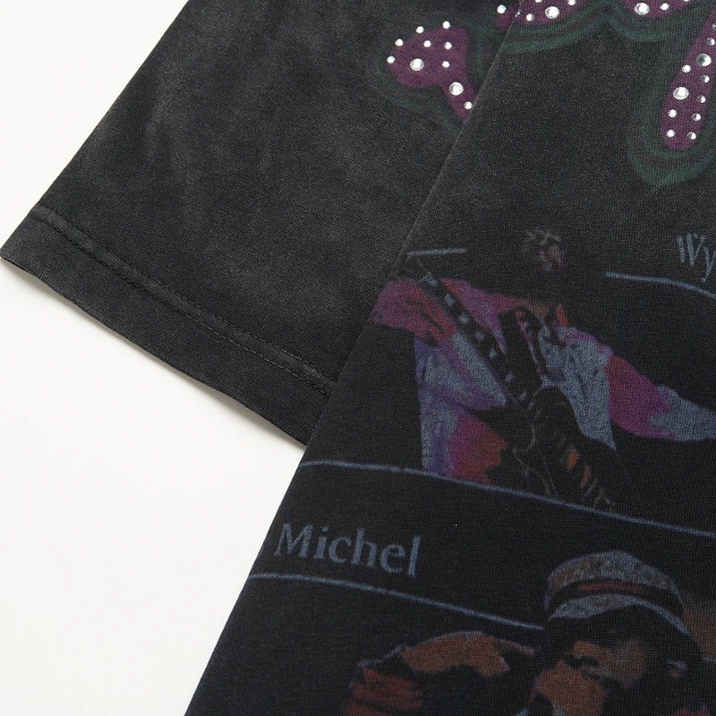 25SS Summer New VALLEY T-shirt Hip Hop Rock Singer Portrait Print Hot Drill Letter Retro Short Sleeve Vale Top Tee Men Women
