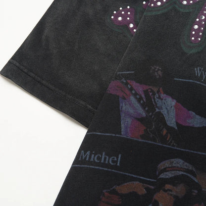 25SS Summer New VALLEY T-shirt Hip Hop Rock Singer Portrait Print Hot Drill Letter Retro Short Sleeve Vale Top Tee Men Women