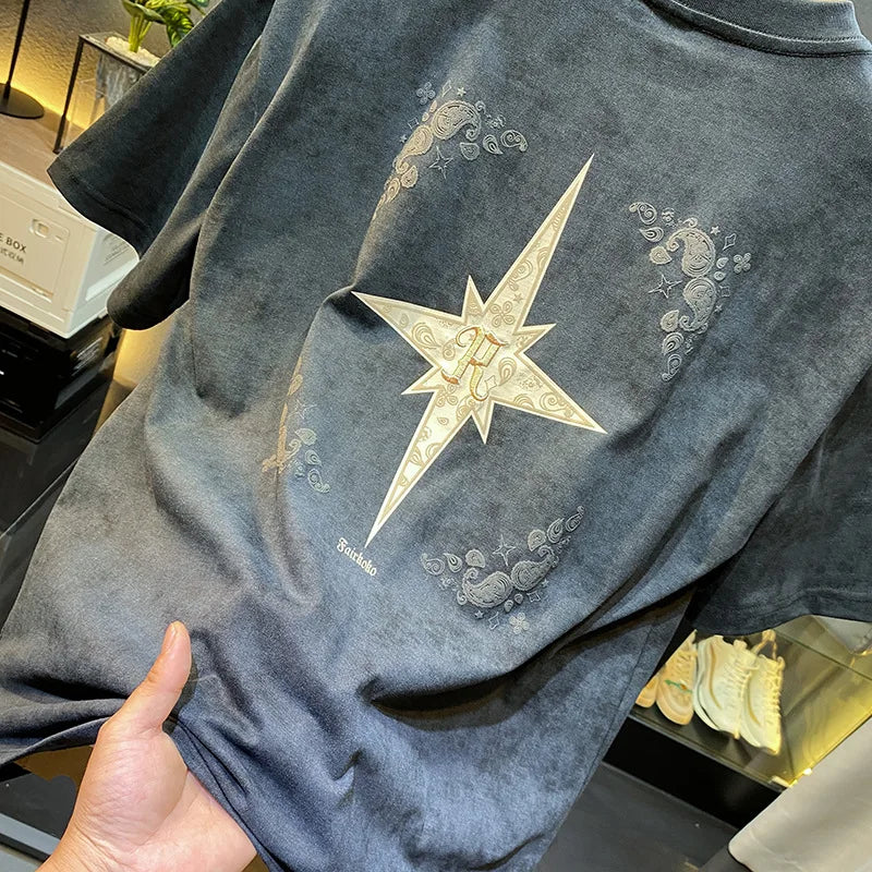 2024Summer new light luxurytt-shirt men's short-sleeved fashionable embroidered high-end loose large size casual high-density ha