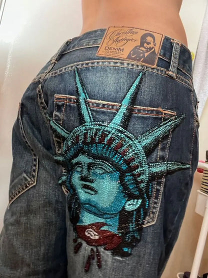Vintage 2000s Lightning Skull Jeans Man Casual Denim Goth Pants Wide Leg Jeans Harajuku Y2k American High Street Men Clothing
