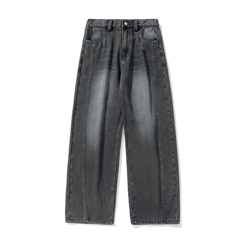 HANLU 2025 Spring New! Men's Retro Washed Oversized Jeans, Split Structure Curved Trousers from Trendy Brand, Loose and Stylish