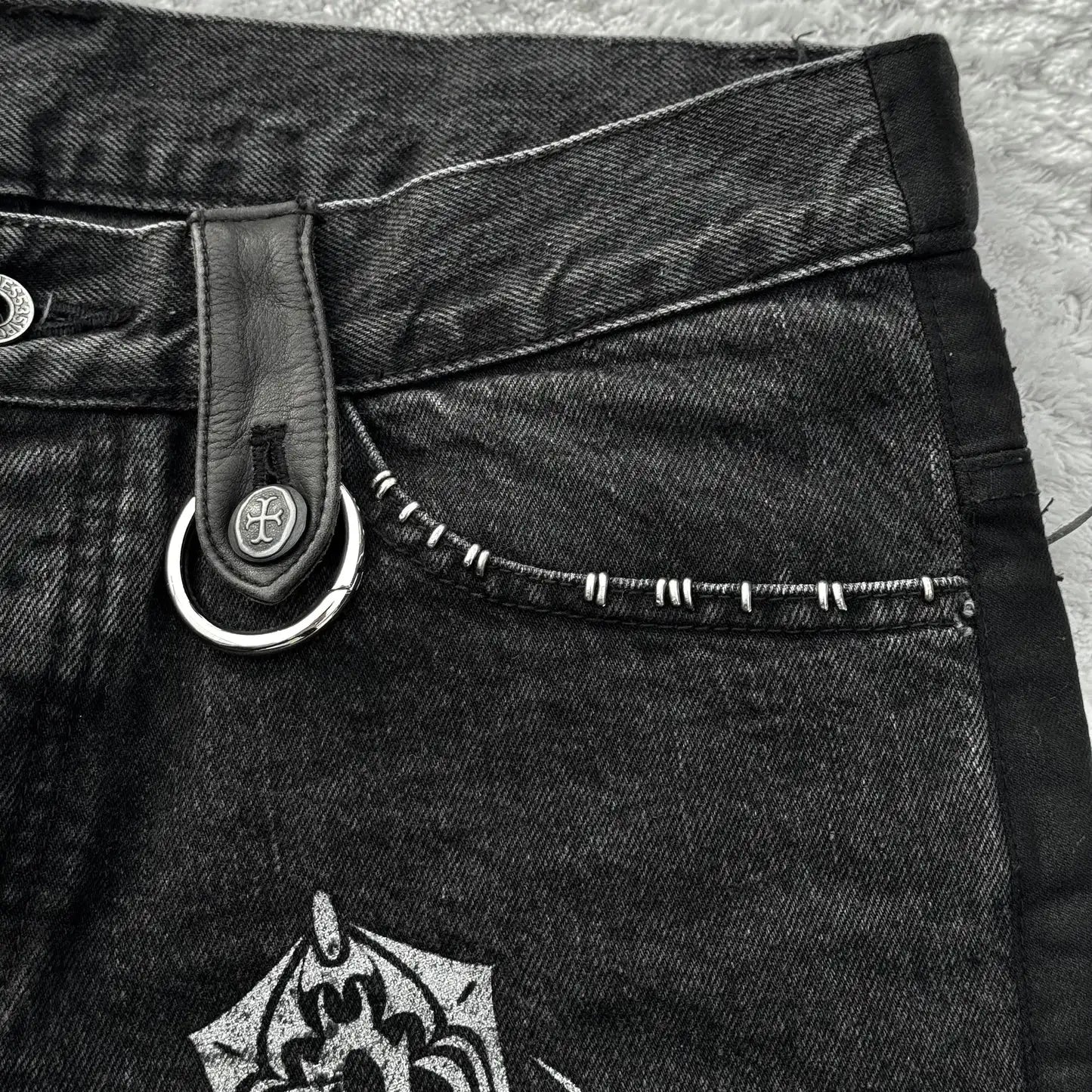 Y2K Black Washed Denim Pants Vintage Cross Leather Detail Micro Flared Jeans Punk High Street Western Cowboy Unisex Streetwear