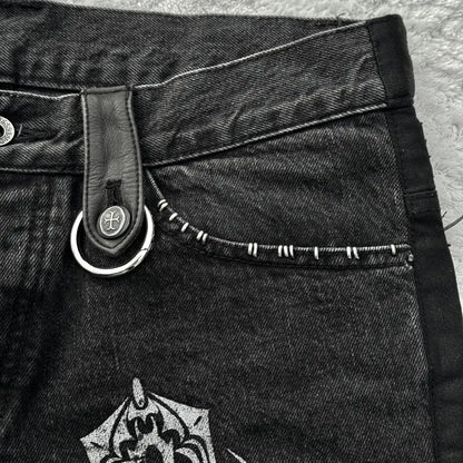 Y2K Black Washed Denim Pants Vintage Cross Leather Detail Micro Flared Jeans Punk High Street Western Cowboy Unisex Streetwear