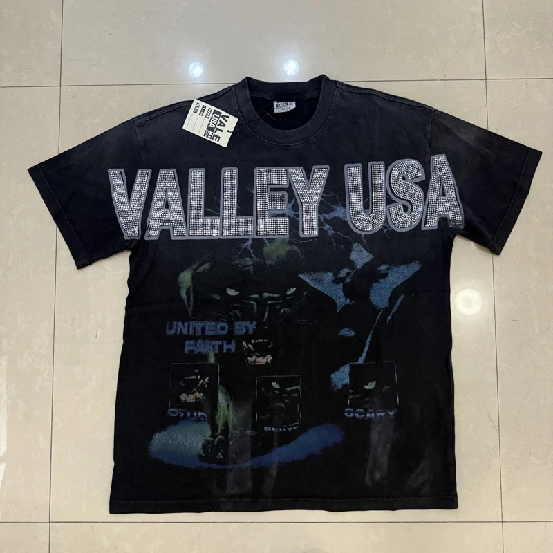 25SS Summer New VALLEY T-shirt Hip Hop Rock Singer Portrait Print Hot Drill Letter Retro Short Sleeve Vale Top Tee Men Women