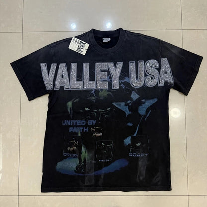 25SS Summer New VALLEY T-shirt Hip Hop Rock Singer Portrait Print Hot Drill Letter Retro Short Sleeve Vale Top Tee Men Women