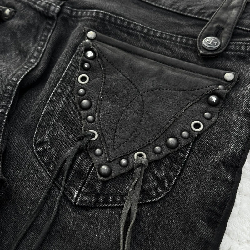 Y2K Black Washed Denim Pants Vintage Cross Leather Detail Micro Flared Jeans Punk High Street Western Cowboy Unisex Streetwear