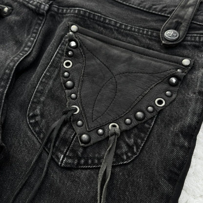 Y2K Black Washed Denim Pants Vintage Cross Leather Detail Micro Flared Jeans Punk High Street Western Cowboy Unisex Streetwear