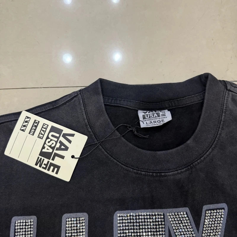 25SS Summer New VALLEY T-shirt Hip Hop Rock Singer Portrait Print Hot Drill Letter Retro Short Sleeve Vale Top Tee Men Women