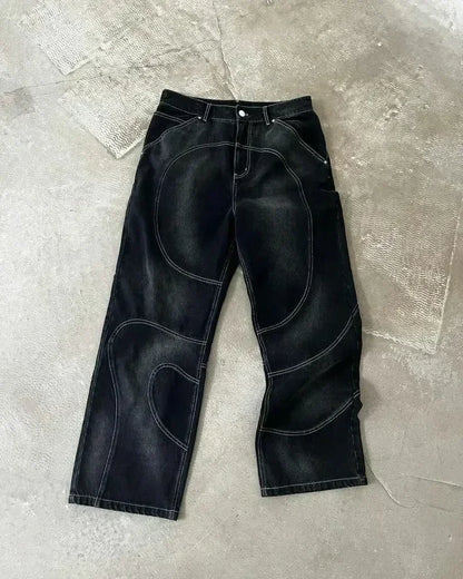 Streetwear Vintage Blue Jeans Y2K Clothes Men Hip Hop Letter Patch Embroidery Vintage Blue Baggy Jeans Mid Rise Wide Leg Trouser