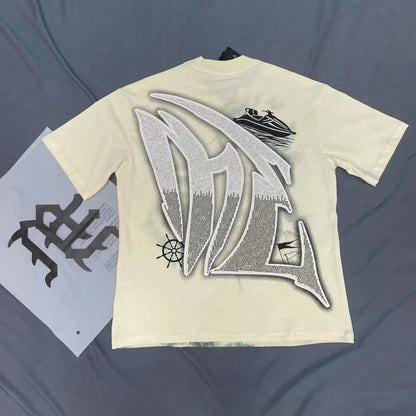 2025 Mixed Emotion Letter Rhinestone Short Sleeve Men Tshirts Streetwear Cotton Loose Crew Neck Top Tees Oversized