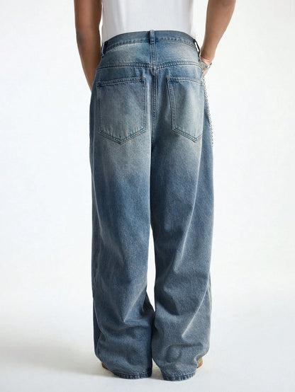 1Pc Men's Wide Pants Brushed Jeans Wide Jeans Y2K New Rocks Jeans Buggy Black Hip-Hop Pants