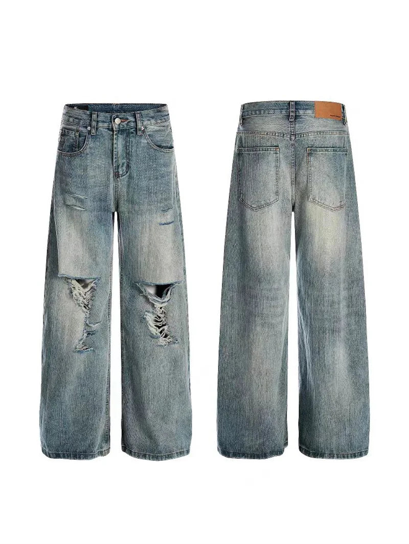 2025 American High Street Men's Ripped Jeans Y2K Vintage Straight Baggy Denim Pantalones Hombre Hip Hop Fashion Distressed Jean