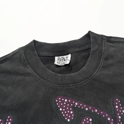 25SS Summer New VALLEY T-shirt Hip Hop Rock Singer Portrait Print Hot Drill Letter Retro Short Sleeve Vale Top Tee Men Women