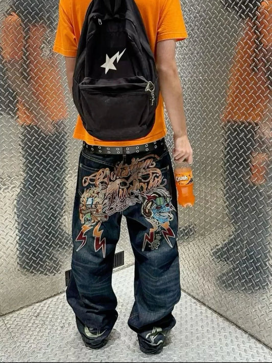 Vintage 2000s Lightning Skull Jeans Man Casual Denim Goth Pants Wide Leg Jeans Harajuku Y2k American High Street Men Clothing