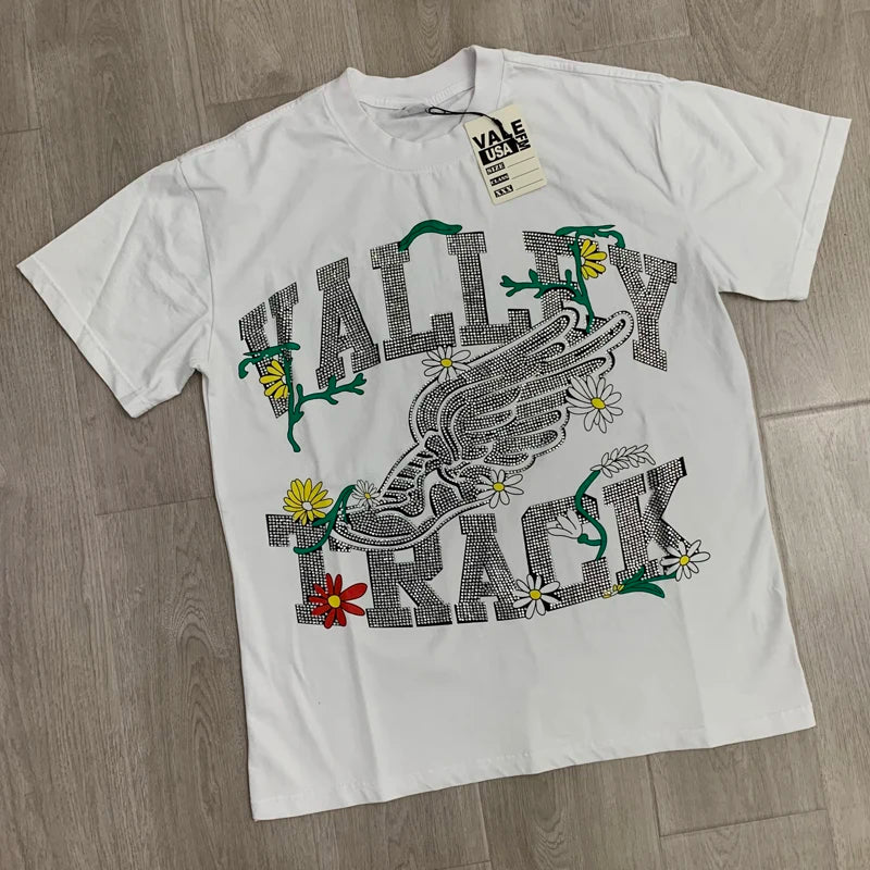25SS Summer New VALLEY T-shirt Hip Hop Rock Singer Portrait Print Hot Drill Letter Retro Short Sleeve Vale Top Tee Men Women