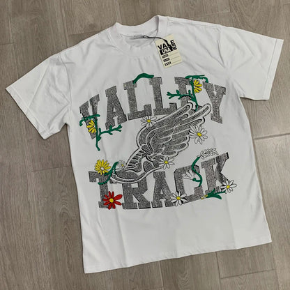 25SS Summer New VALLEY T-shirt Hip Hop Rock Singer Portrait Print Hot Drill Letter Retro Short Sleeve Vale Top Tee Men Women