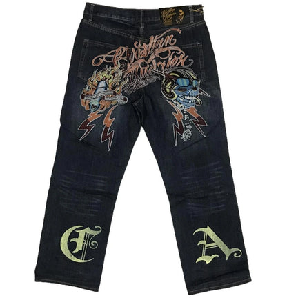 Vintage 2000s Lightning Skull Jeans Man Casual Denim Goth Pants Wide Leg Jeans Harajuku Y2k American High Street Men Clothing