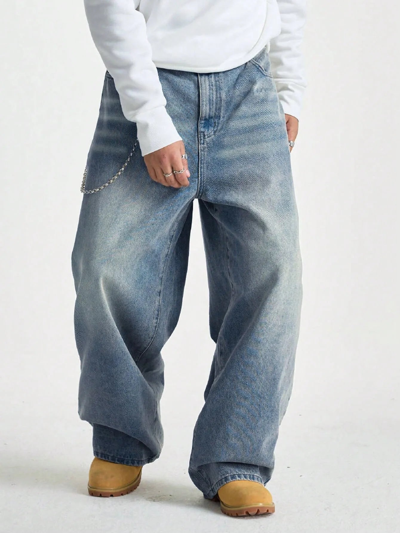 1Pc Men's Wide Pants Brushed Jeans Wide Jeans Y2K New Rocks Jeans Buggy Black Hip-Hop Pants