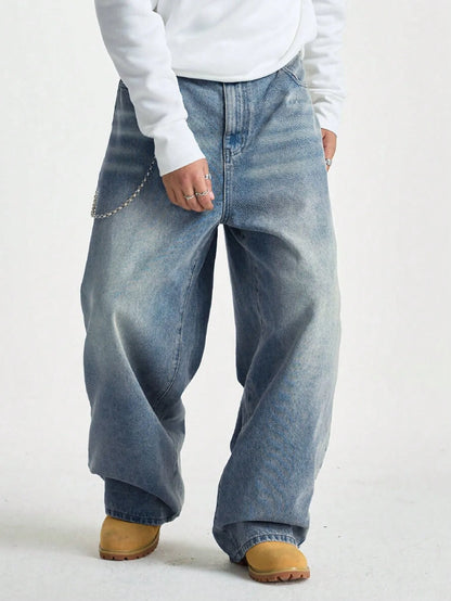 1Pc Men's Wide Pants Brushed Jeans Wide Jeans Y2K New Rocks Jeans Buggy Black Hip-Hop Pants
