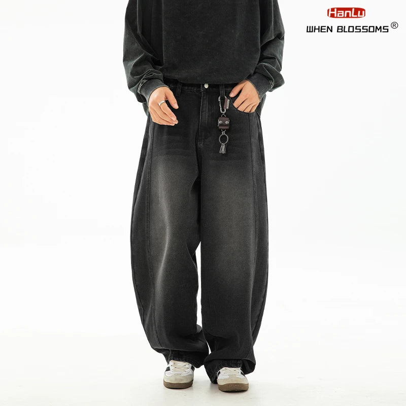 HANLU 2025 Spring New! Men's Retro Washed Oversized Jeans, Split Structure Curved Trousers from Trendy Brand, Loose and Stylish